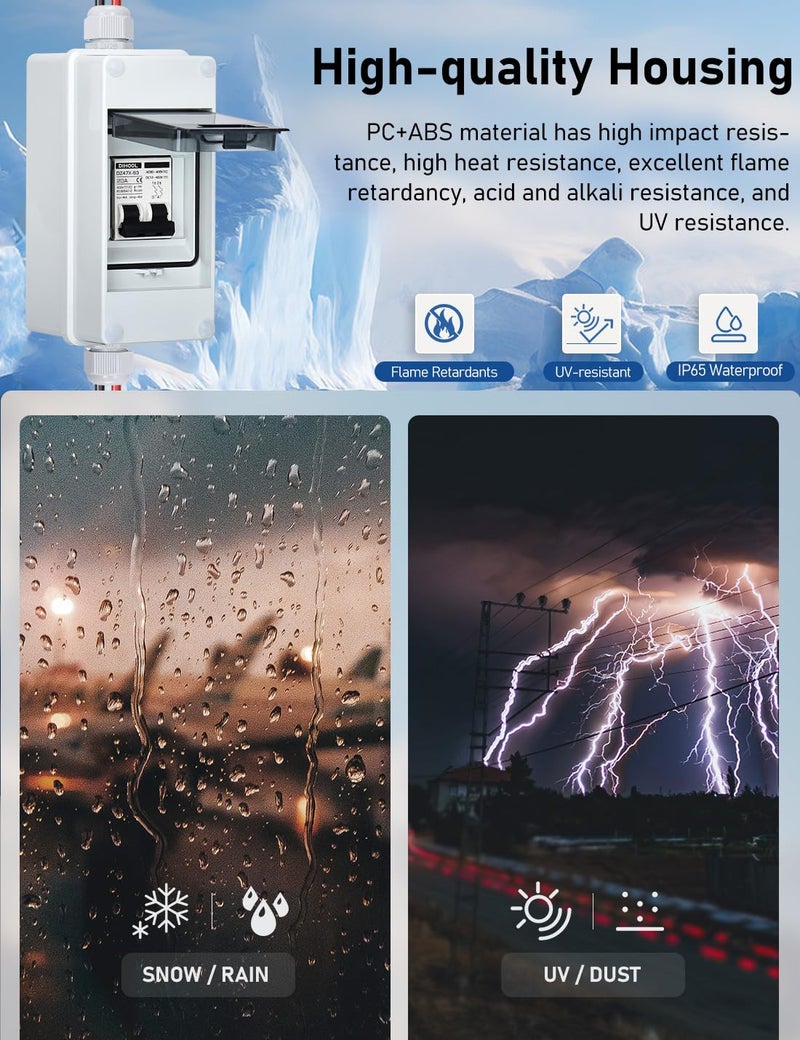 DIHOOL Solar Panel Disconnect Switch with IP65 Din Box, 20 Amp Dual Pole 12V-400V, Non Polarized AC DC Miniature Circuit Breaker, PV Array Shut Off Isolator - Image 3